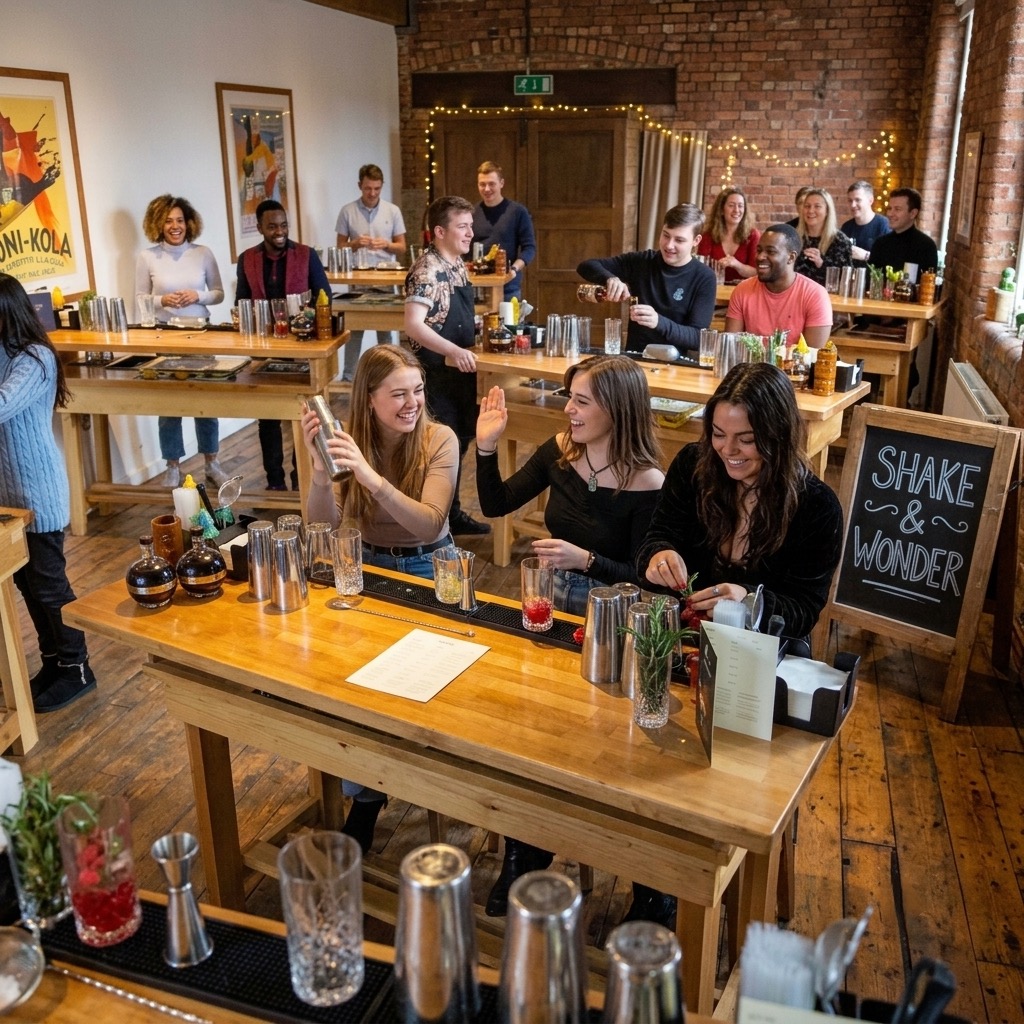 Guests laughing while shaking cocktails at a Shake & Wonder masterclass
