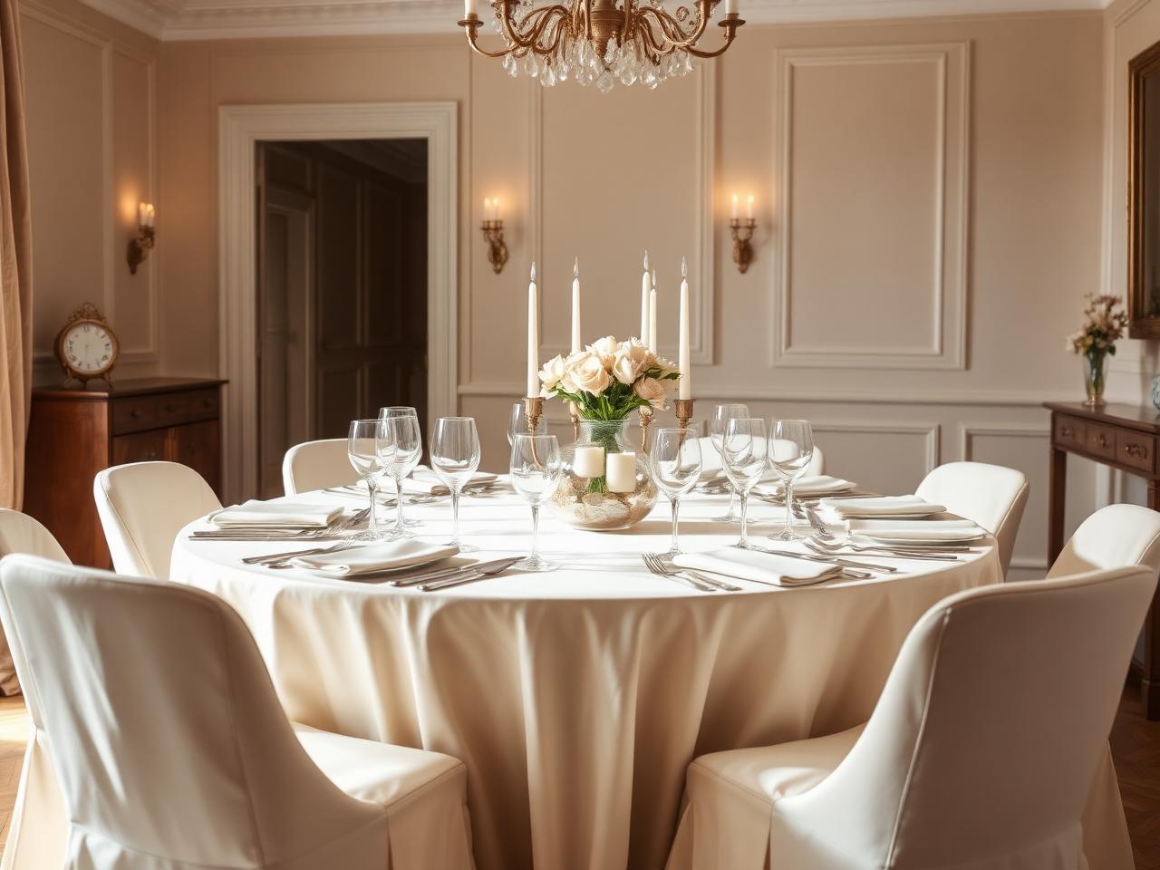 An elegant dining table set with crystal glassware and cream linens