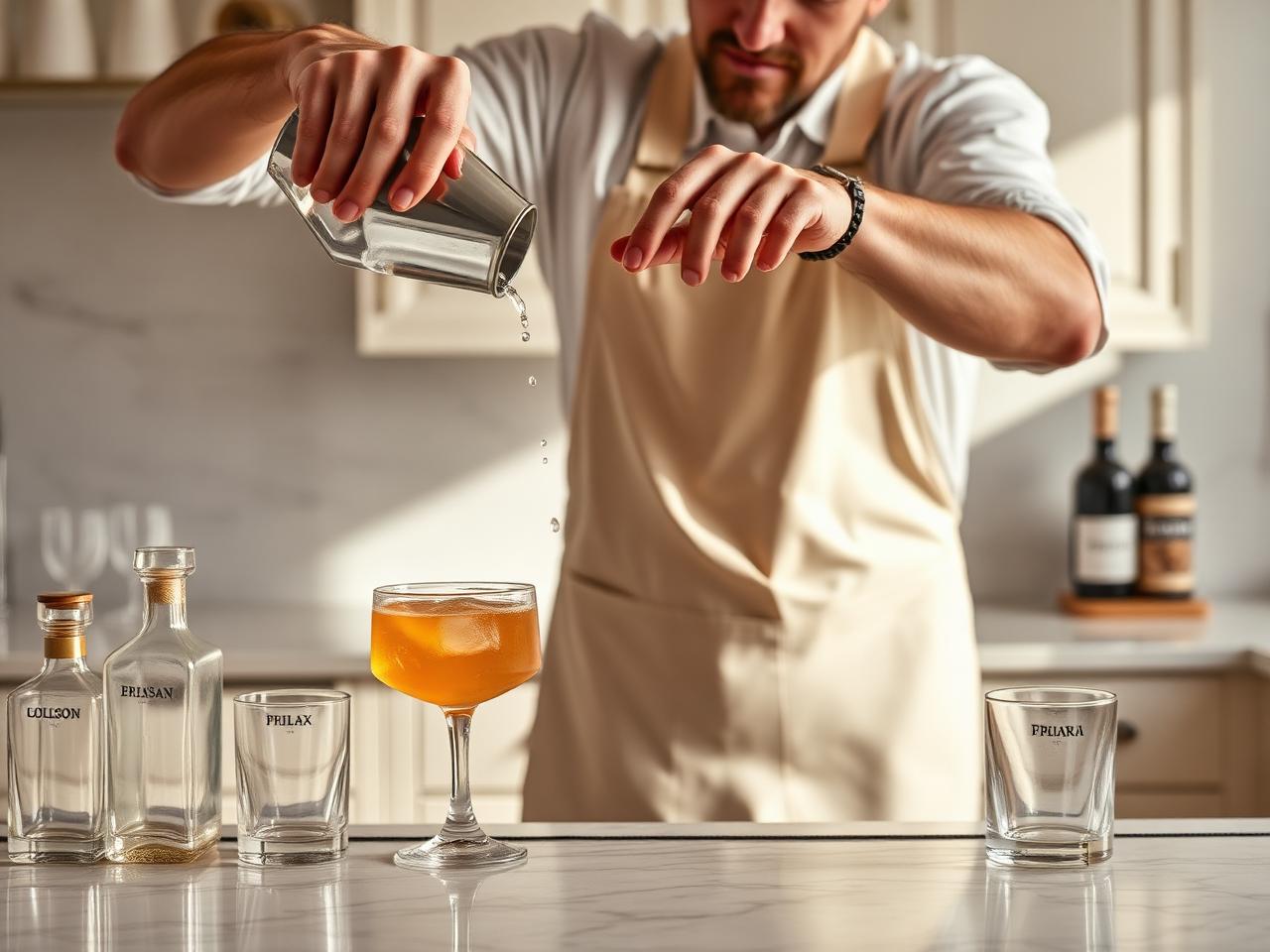 A mixologist straining a cocktail at a bright marble counter